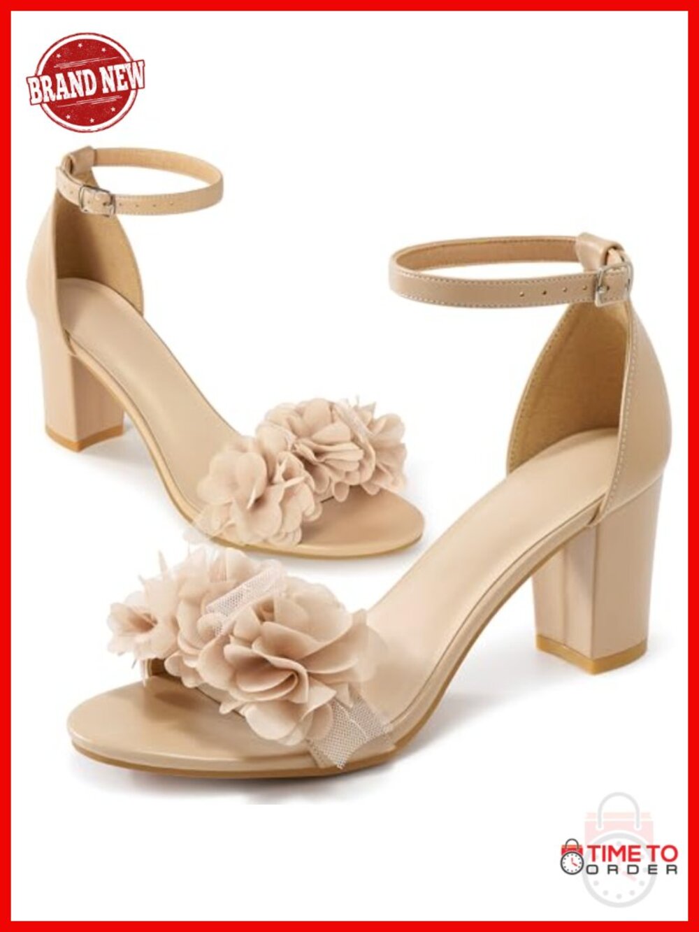 Women's 3-Inch Block Heel Sandals with Flower Applique & Adjustable Ankle Strap